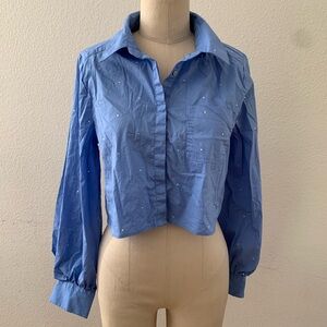 Jason Wu Crystal Studded Cropped Button Up Blue Collared Shirt Size Medium
